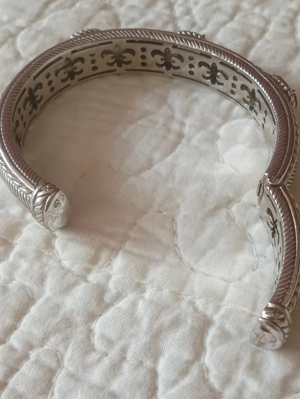 Judith Ripka Sterling Silver Ornate Cuff Bracelet, Smoky Topaz Stones EUC